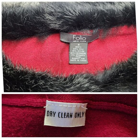 Folio|Genuine Rabbit Fur Collar Silk Cashmere Red Sweater, SMALL - Picture 4 of 4
